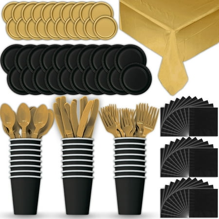 Gold Dinner Knife - Paper Tableware Set for 24 - Black & Gold - Dinner and Dessert Plates, Cups, Napkins, Cutlery (Spoons, Forks, Knives), and Tablecloths - Full Two-Tone Party Supplies Pack