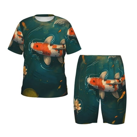 Luyuia Koi Pond Lilies Print Girls  2-Piece Tie-Dye Pajama Set  Cute Summer Loungewear with Shirt and Tank Shorts Nightwear-3X-Large