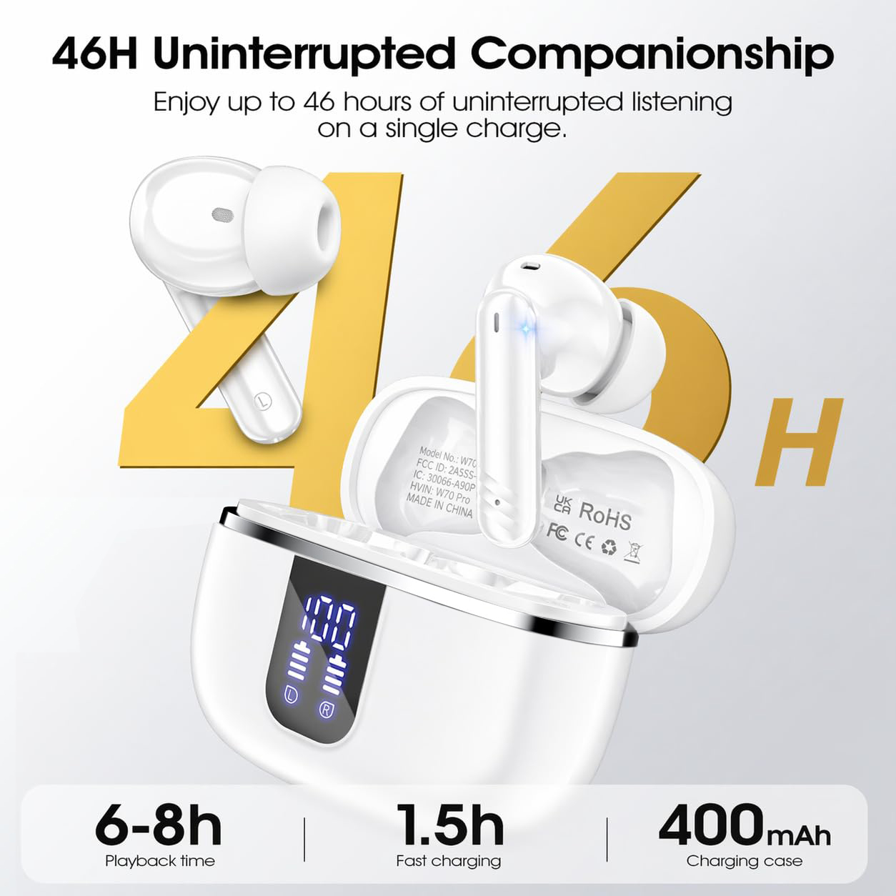 WeurGhy Wireless Earbuds, Noise Cancelling, 46H Playtime, White photo 5