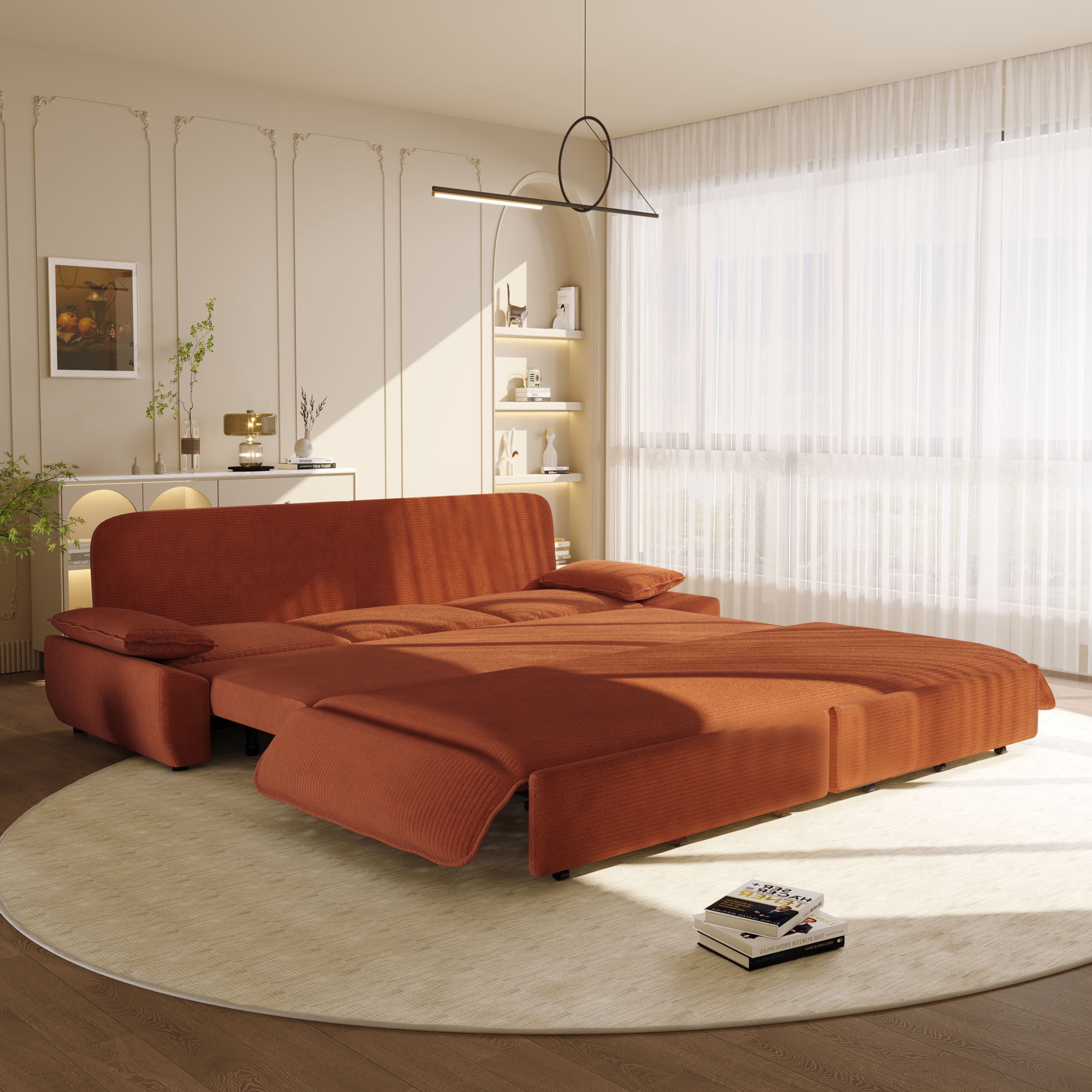 Noble House Genrix Corduroy Convertible Sleeper Sofa Bed, Multifunctional 3-in-1 Pull Out King Couch, Orange