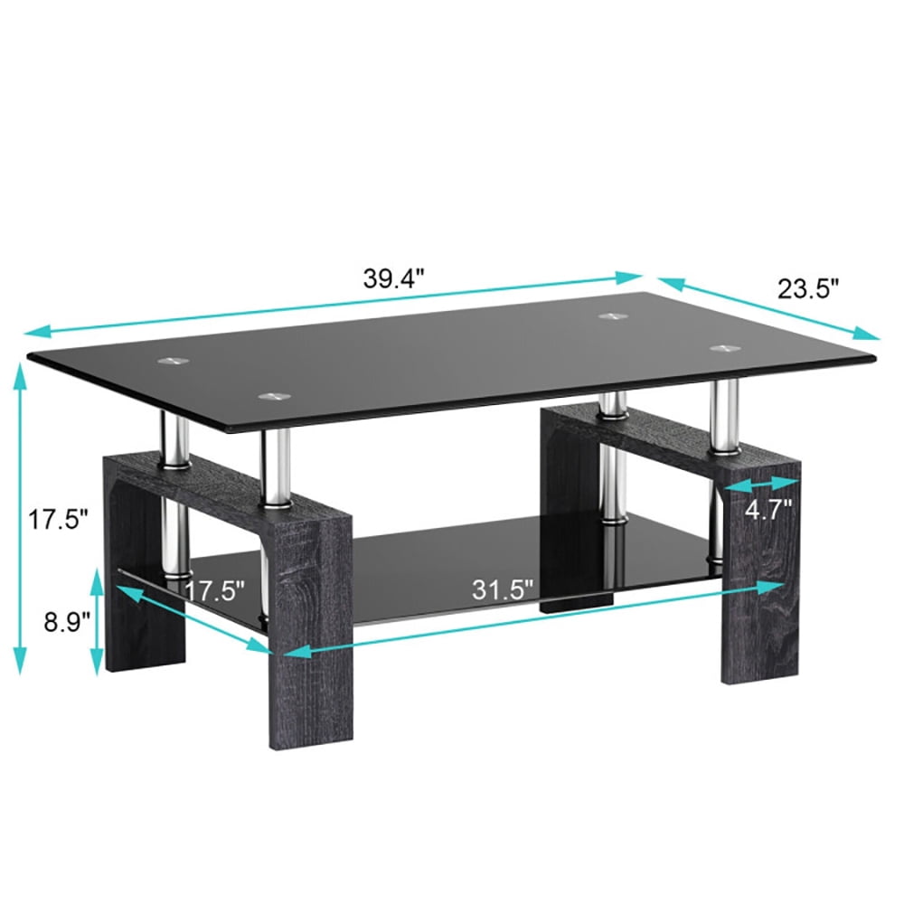 Finihen Wooden Coffee Table, Rectangular Tempered Glass Coffee Table with Shelf, for Living Room, Reception Room, Office, Gray