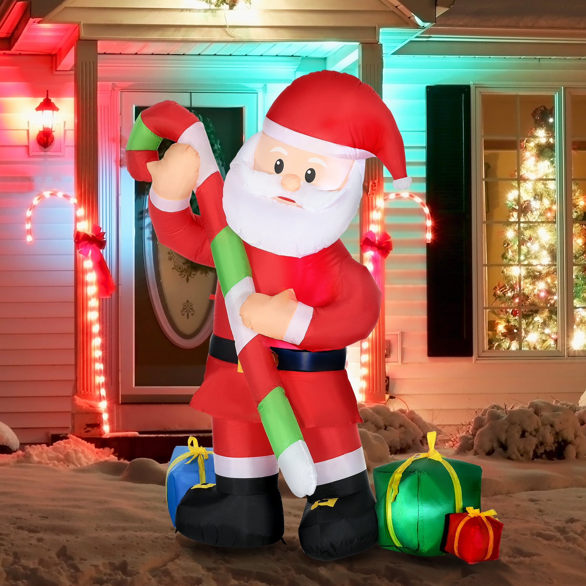 Santa Claus with Candy Cane and Gift Boxes Inflatable Outdoor Christmas Yard Decoration with Built-in LED Lights