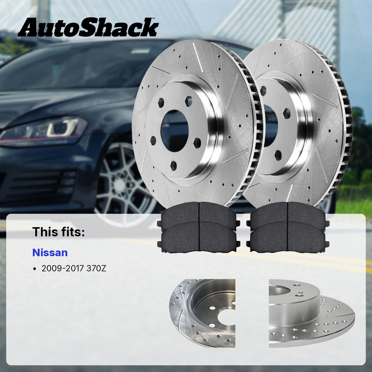 AutoShack Front & Rear Brake Rotors & Premium Pads for Nissan, 370Z 2009-2017, RWD V6 3.7L - Silver Zinc Coated Drilled & Slotted - SilverShield Pro