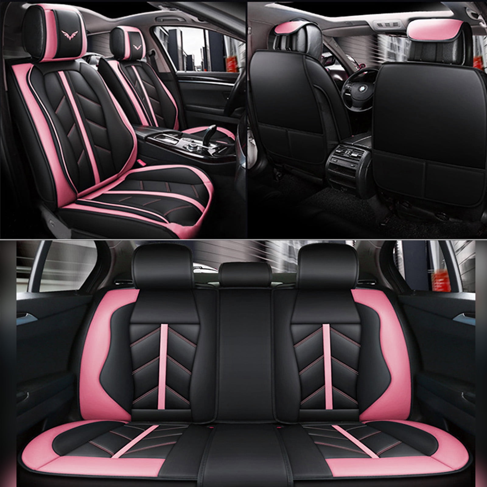 OTOEZ Universal Car Seat Cover Pink PU Leather 5 Seats, Front Rear Seat Protector Full Set, Waterproof Cushion Fit Most Honda Toyota Chevy Ford Nissan Vehicle Truck SUV