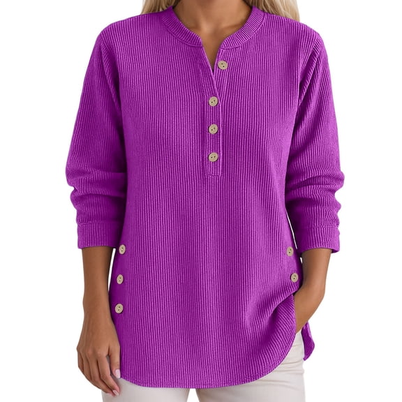 Womens Tops T Shirts Long Sleeve Corduroy Oversized Casual Button Up Tunic Sweat Loose Side Split Pullover Women Tees Blouses Purple M