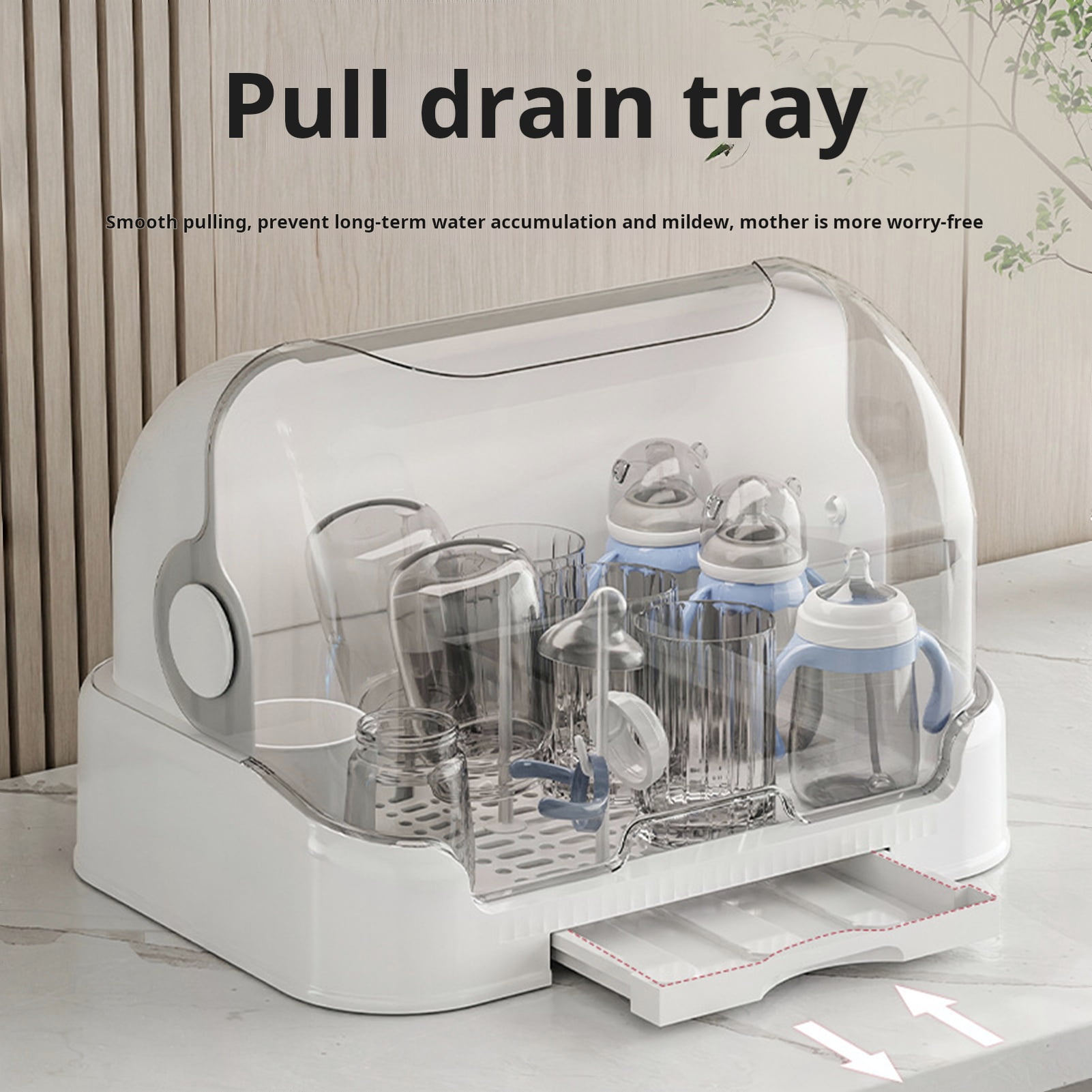 Baby Bottle Drying Rack with Transparent Lid Large Capacity Dustproof Easy to Clean Baby Bottle Storage Box with Removable Drain Tray
