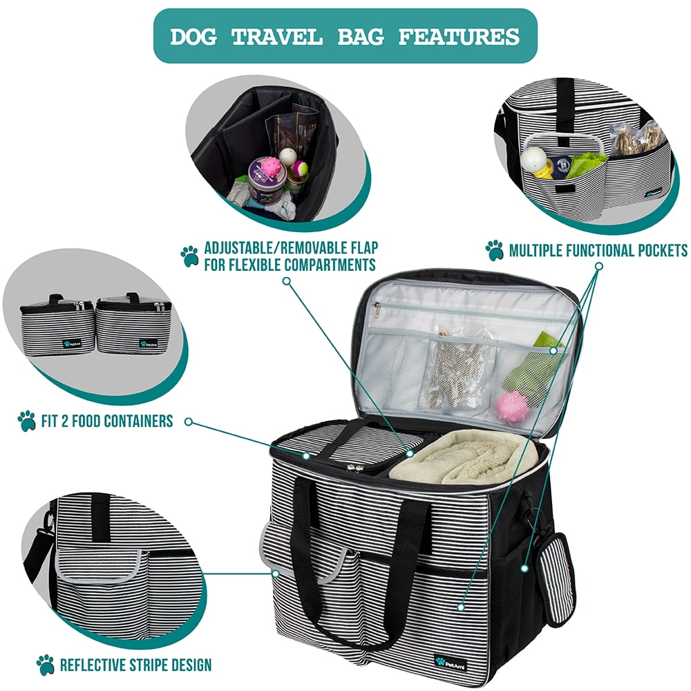 PetAmi Dog Travel Bag Travel Pet Bag Organizer Dog Food Travel Bag with Food Container and Bowls Dog Travel Supplies Gift Accessories for Weekend Camping Dog Cat Diaper Bag Stripe Black Large