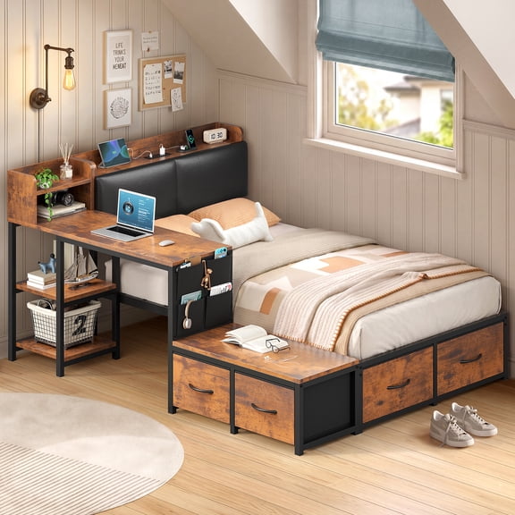 Twin Bed with Desk, Corner Bed Frame with Storage Headboard, 4 Drawers, Charging Station, Integrated Platform Bed 14 Inch for Teen, Utilizing Space, Brown