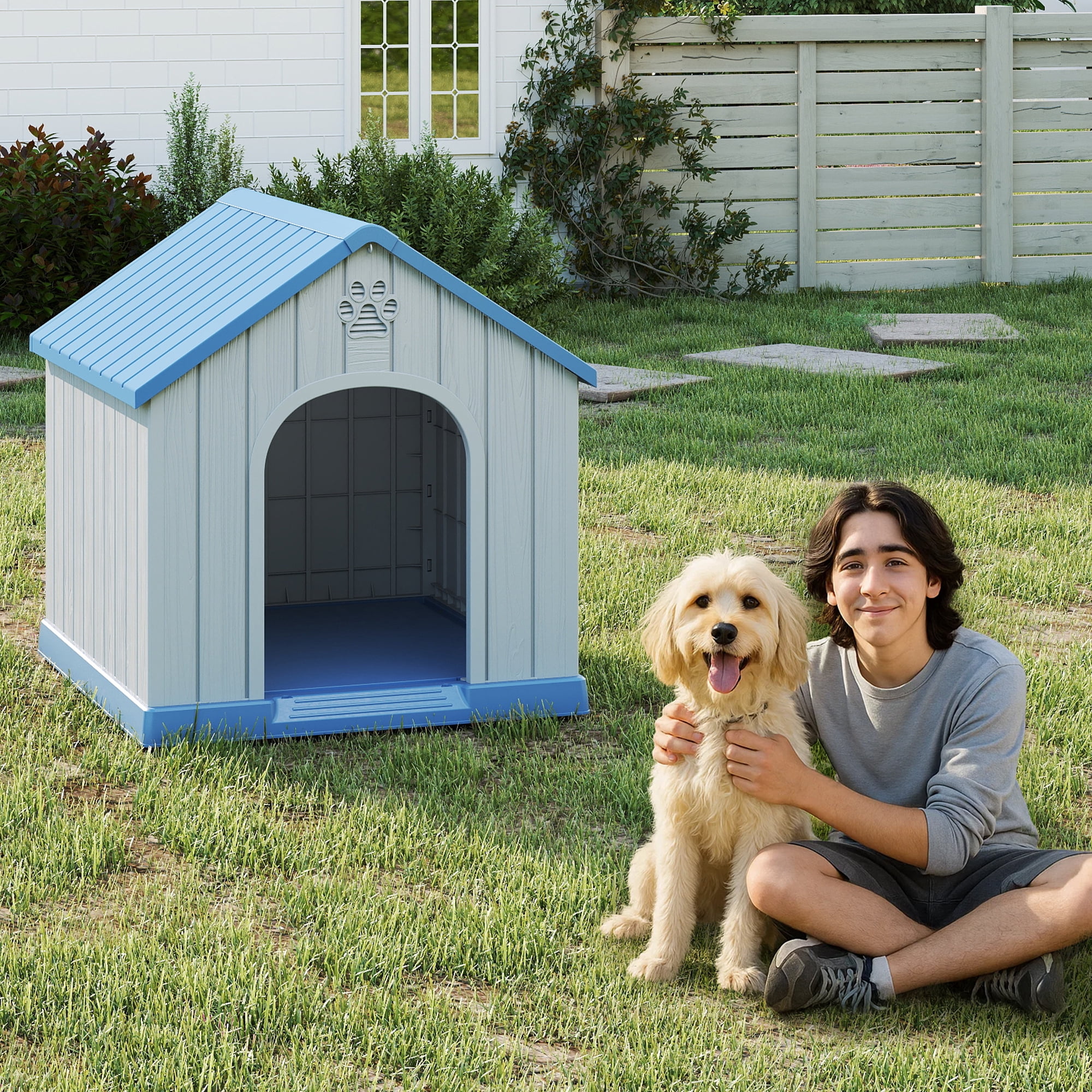 FICARTS Indoor/Outdoor Weather-Resistant Dog House, Elevated Pet Shelter with Sloped Roof & Ventilation, Durable Dog Kennel for Medium to Large Dogs