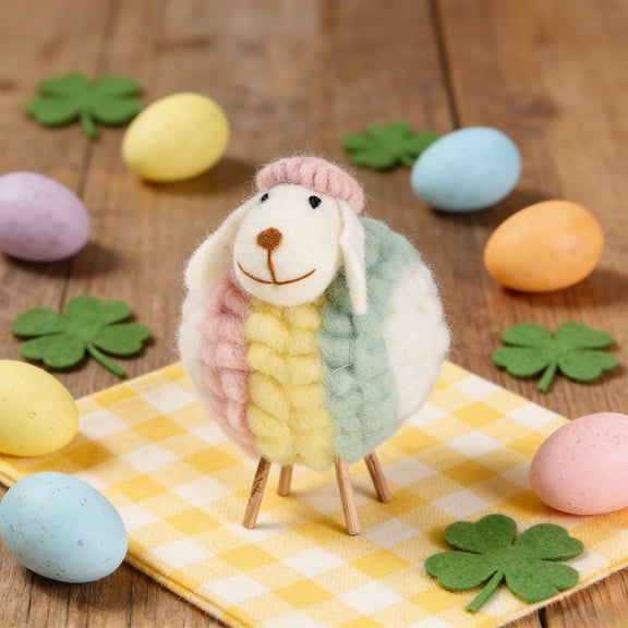 Kumdkd Colorful Boho Lint Sheep Ornament - 4.33in Handmade Lamb Figurine, Soft Pink Easter Decor for Spring Tabletop, Rustic Farmhouse Home Accent & Gift
