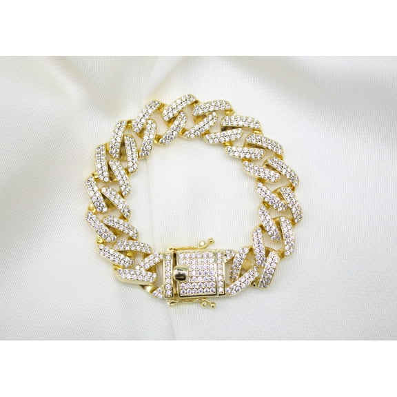 18K Gold Filled 14mm Cuban Curb Chain Bracelet With Clear CZ Stones (I289)