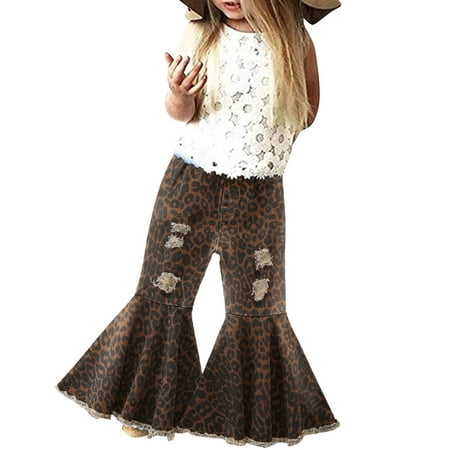 

MPWEGNP Flare Leopard Girls Ripped For Kids Baby Dyed Bottom Denim Toddler Pants Bell Trousers Jeans 16Y Tie Ruffles Printed Girls Pants Girl Top And Pants Sweat Pants for Kids Girls
