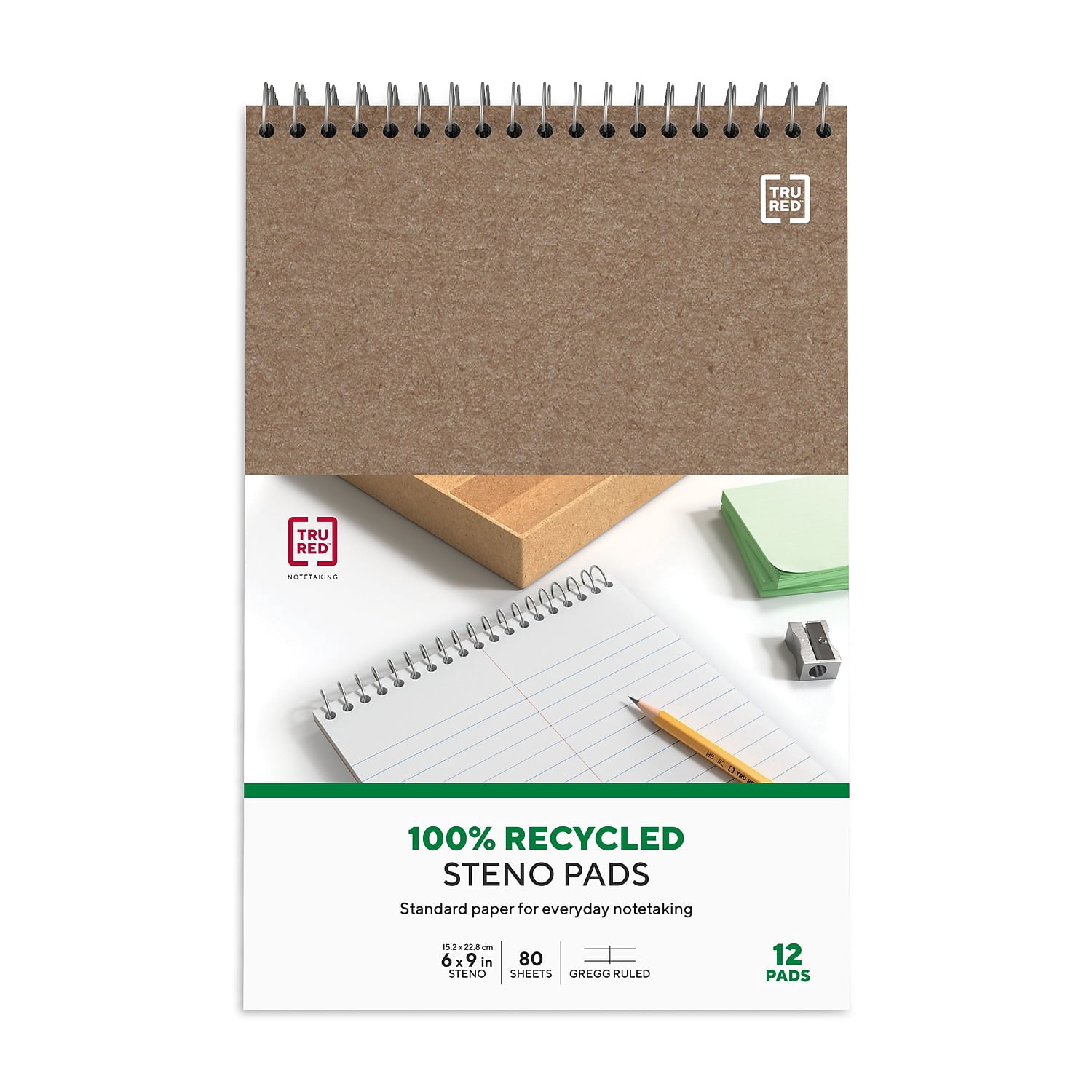 Staples Recycled Steno Pads 6" x 9" Gregg Ruled White 80 Sh./Pad 12 Pds/PK 685016