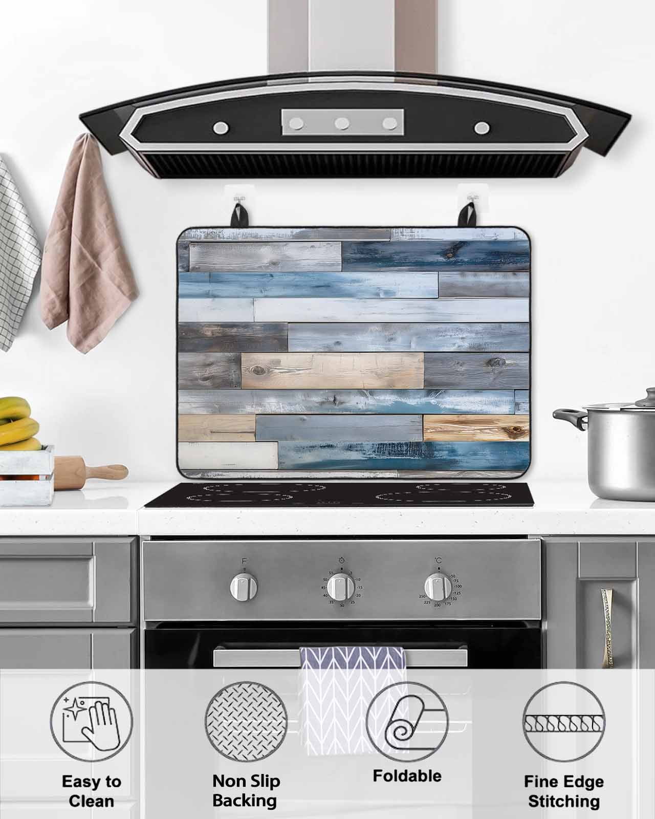 nqOlkjepod Large Induction Cooktop Protector Mat 24"x21", Blue Wooden Grain Stove Top Covers for Electric Stove, Farmhouse Country Abstract Art Stove Burner Cover Mats, Glass Top Stove Cover