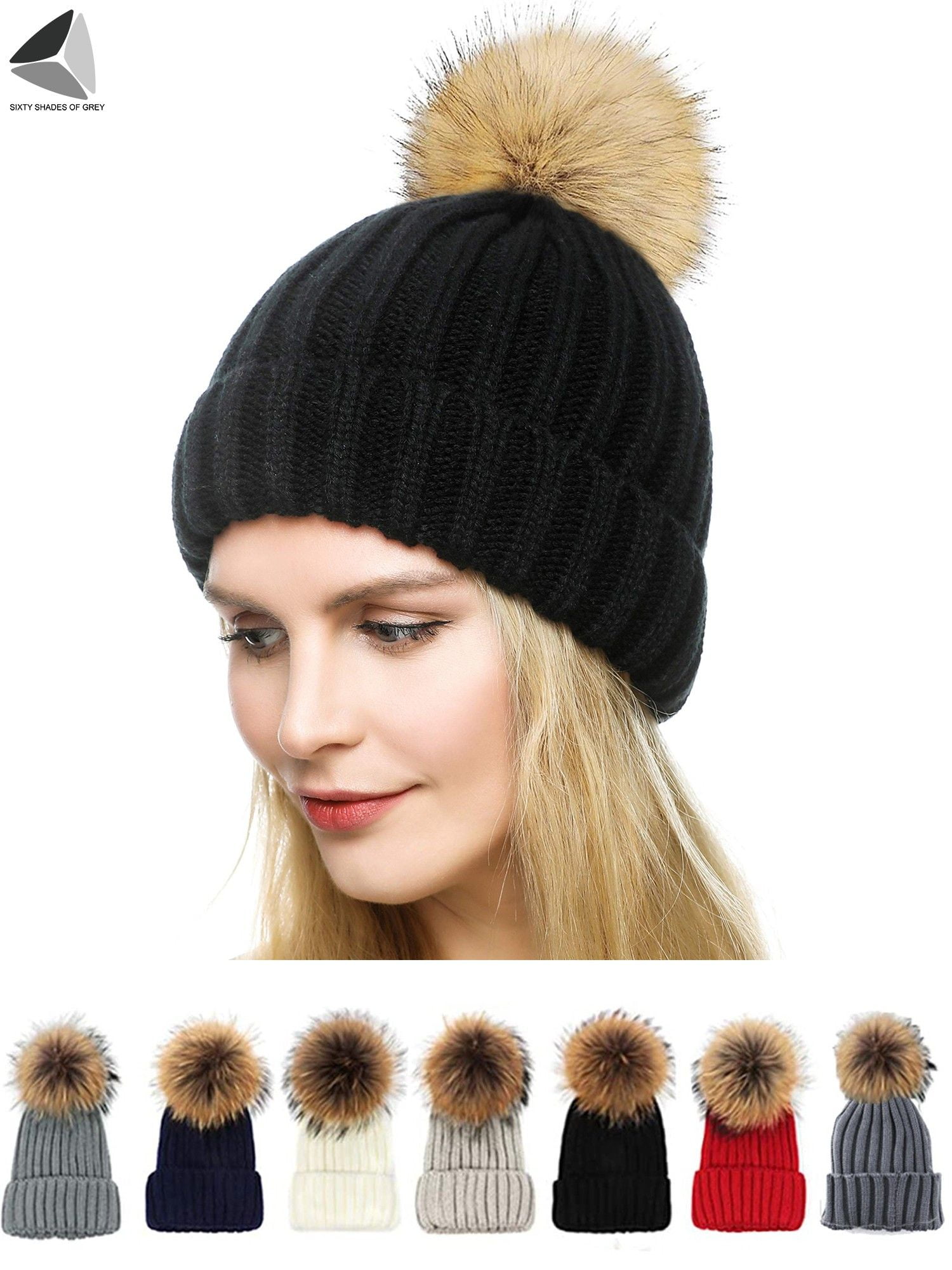 Women Winter Warm Knit Beanies PomPom Hats Soft Rabbit Fur Thermal Ski Cap Hat 