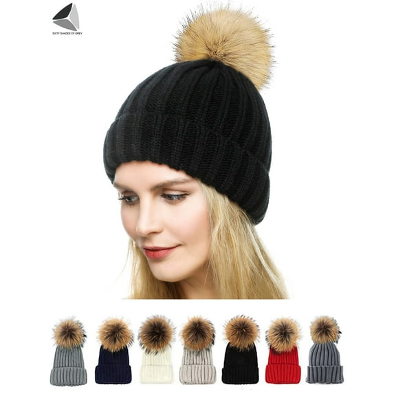 PULLIMORE Women's Knitted Beanie Hat Winter Warm Soft Ski Cuff Caps with Pom Pom (Black)