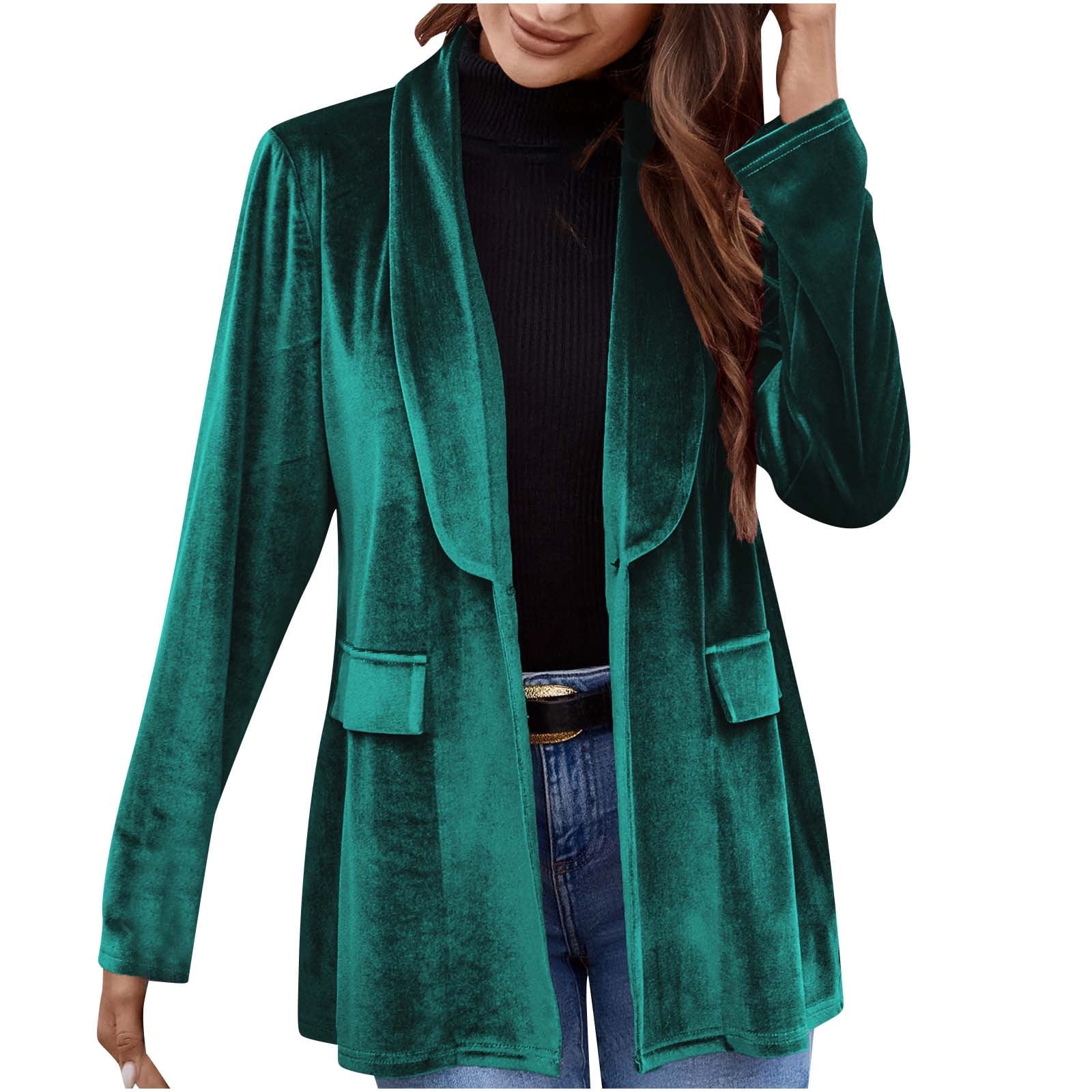 Womens Velvet-Blazers Jackets Trendy Vintage Y2K Open Front Collared Coats Ladies Elegant Solid Soft Long Sleeve Business Casual Suit Jacket