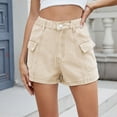 thumbnail image 2 of Women's Stretch Denim Casual Shorts - Button Flap Pockets & Elastic Waistband, Faded Solid Color Retro Jean Shorts for Daily Wear,Khaki L, 2 of 5