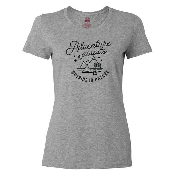 Inktastic Adventure Awaits Outside in Nature with Tent and Mountains Women's T-Shirt