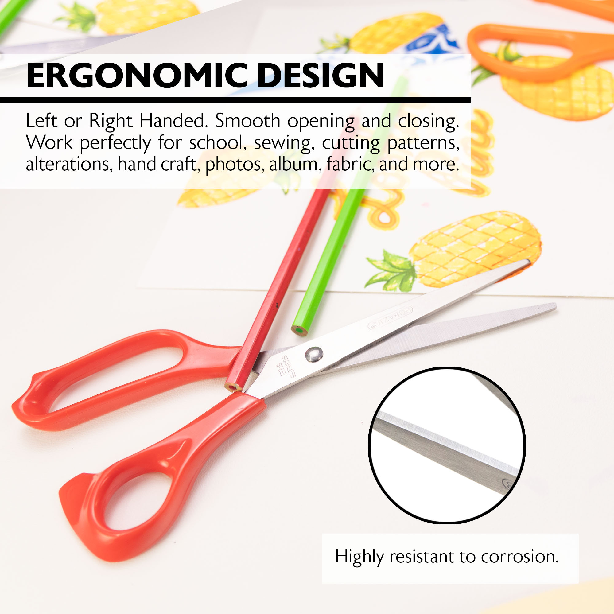 BAZIC 8" Stainless Steel Scissors, Straight Handle, Assorted Color, 24-Pack