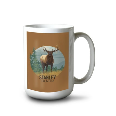 

Lantern Press 15 fl oz Ceramic Mug Stanley Idaho Elk and Mountain Scene Contour Press Dishwasher & Microwave Safe