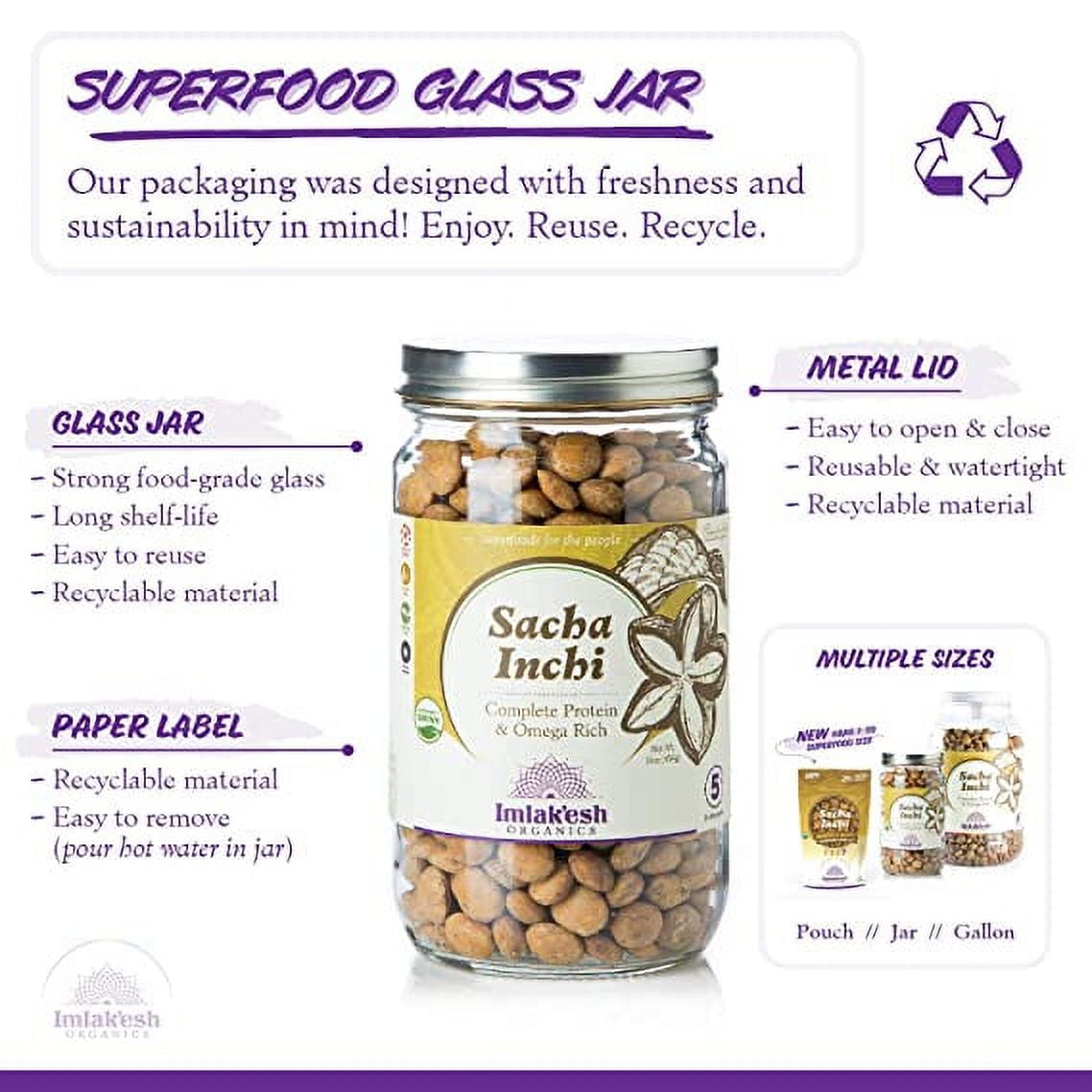 mlak'esh Organics, Sacha Inchi Nuts (16-Ounce Glass Jar), Protein Super-Nuts — 0 Net Carbs | Keto | Paleo | Organic | Regenerative | Protein | Gluten-Free | Non-GMO Pack of 6