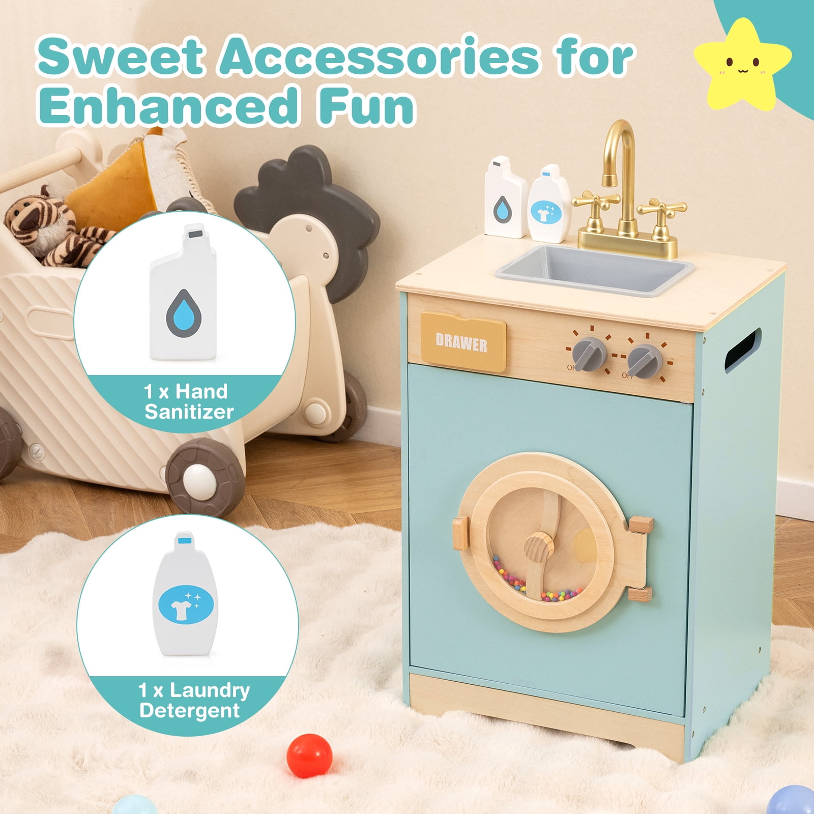 Gymax Kids Washer Playset w/ Laundry Detergent & Hand Sanitizer Rotating Wheel
