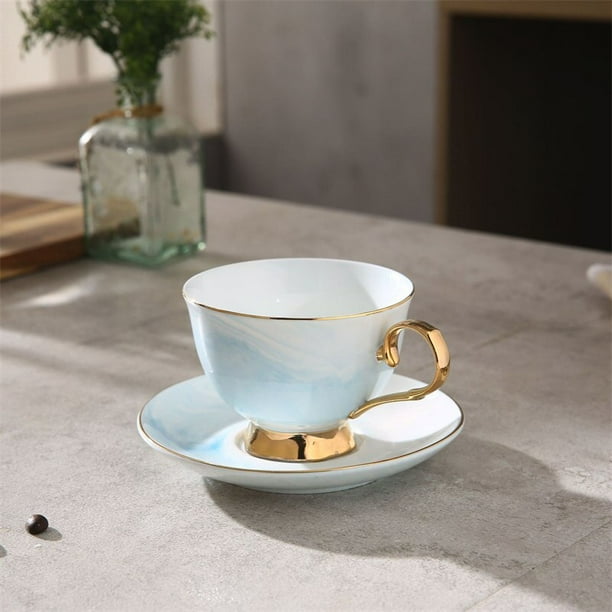 Marble Ceramic Coffee Cup and Saucer Set, Gold Rim Couple Mug Breakfast