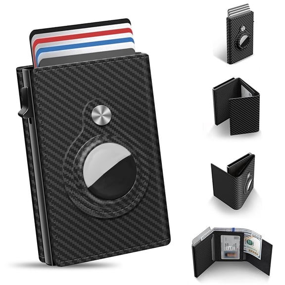 Mens Smart Wallet Card Holder for AirTag: Leather, RFID Blocking, Slim, Carbon Fiber, Minimalist - 6-9 Card Capacity | ID Window | Cash Slot