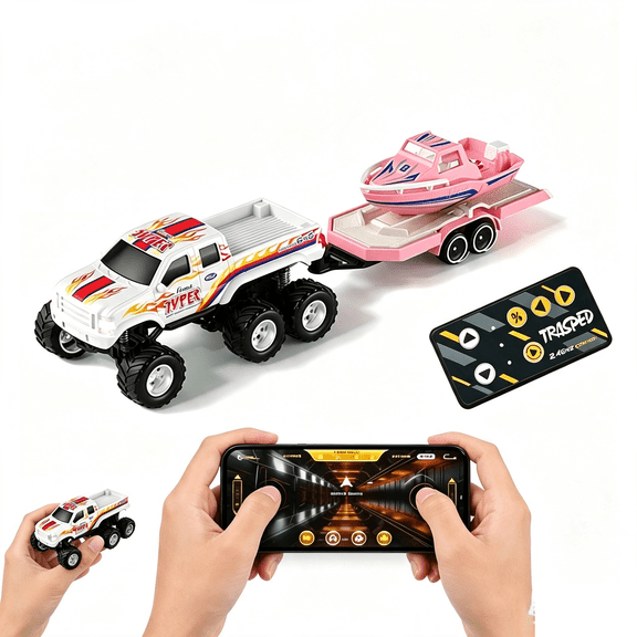 1:64 Scale Mini Remote Control Truck with Trailer&Boat 2.4GHz & App Dual Control Alloy Mini RC Car with Lights Portable Pocket Toy Car for Kids & Adults, Gift for Boys (White)