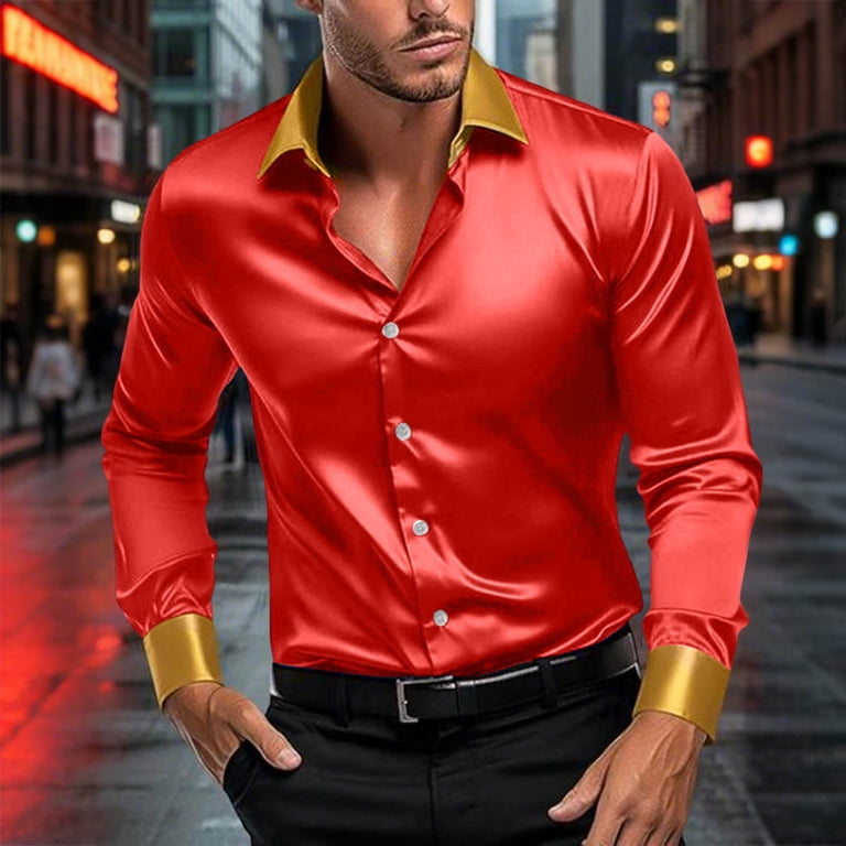 GuangCheng Mens Shirts,Satin,Long Sleeve,Button Down Shirts with Contrast Collar,Cuffs,Slim Fit,Luxurious Shiny Tops,Red,Size S