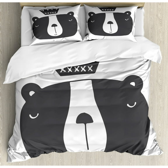 Nursery Queen Size Duvet Cover Set, Amusing Bear Character with a Crown Scandinavian Illustration Monochrome, Decorative 3 Piece Bedding Set with 2 Pillow Shams, Charcoal Grey White, by Ambesonne