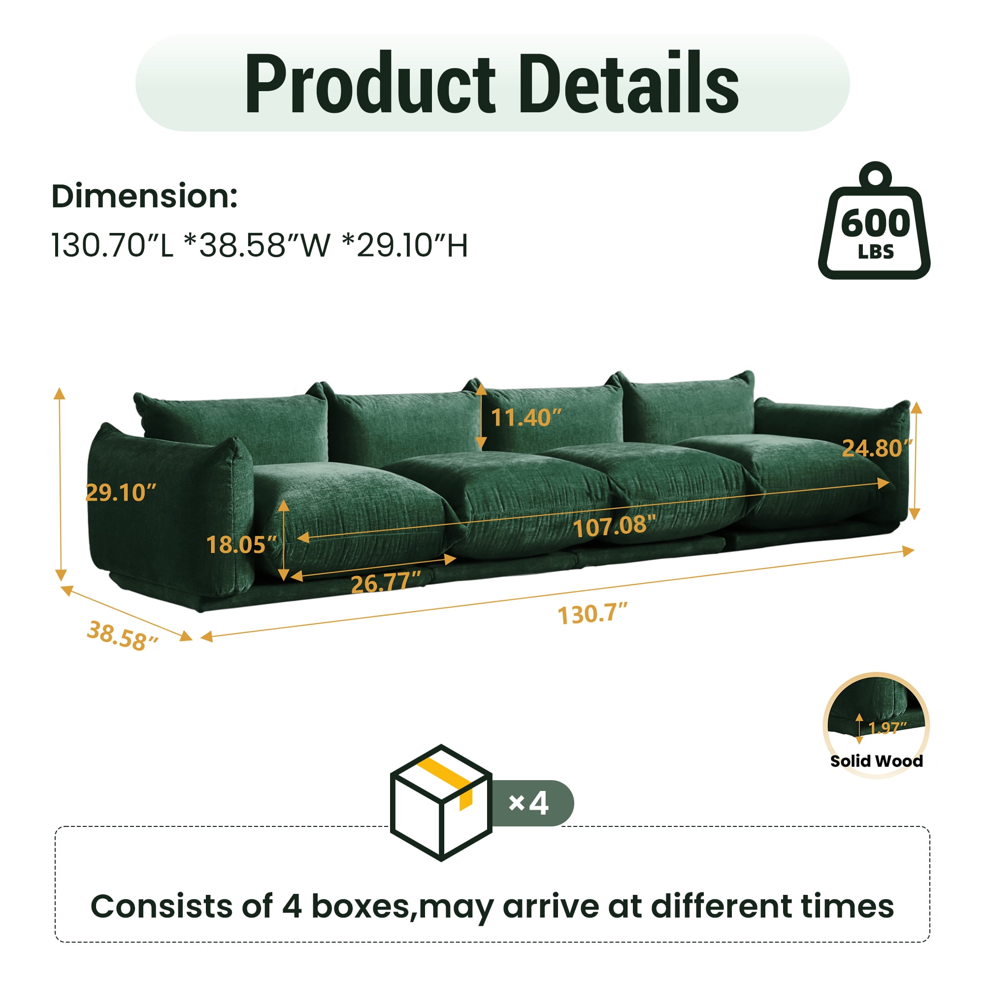 Magic Home Modular Sectional Sofa Floor sofa Foam Couch L-Shaped Sofa Chenille Couch 4-Seat Sofa Sectional Couch for Living Room,Green