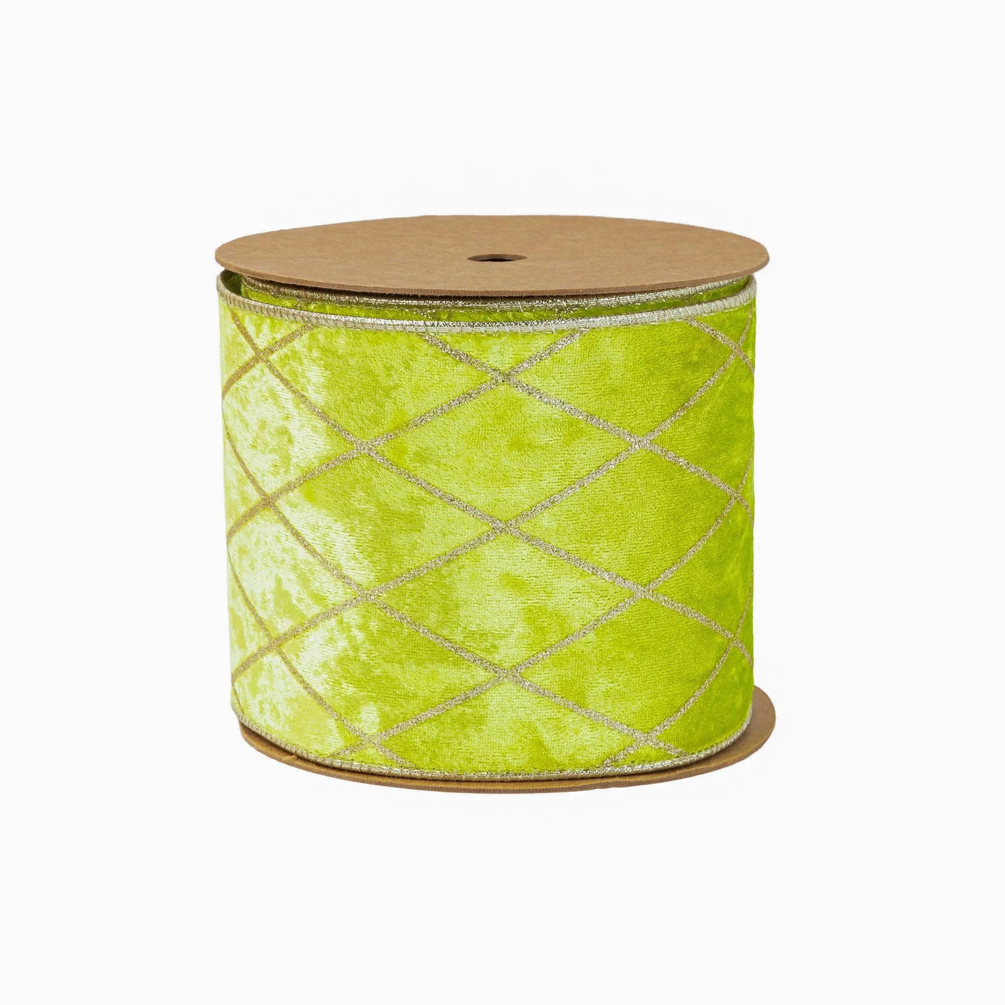LaRibbons 4" Wired Velvet Ribbon, Lime with Glittered Diamond, 10 Yard Roll