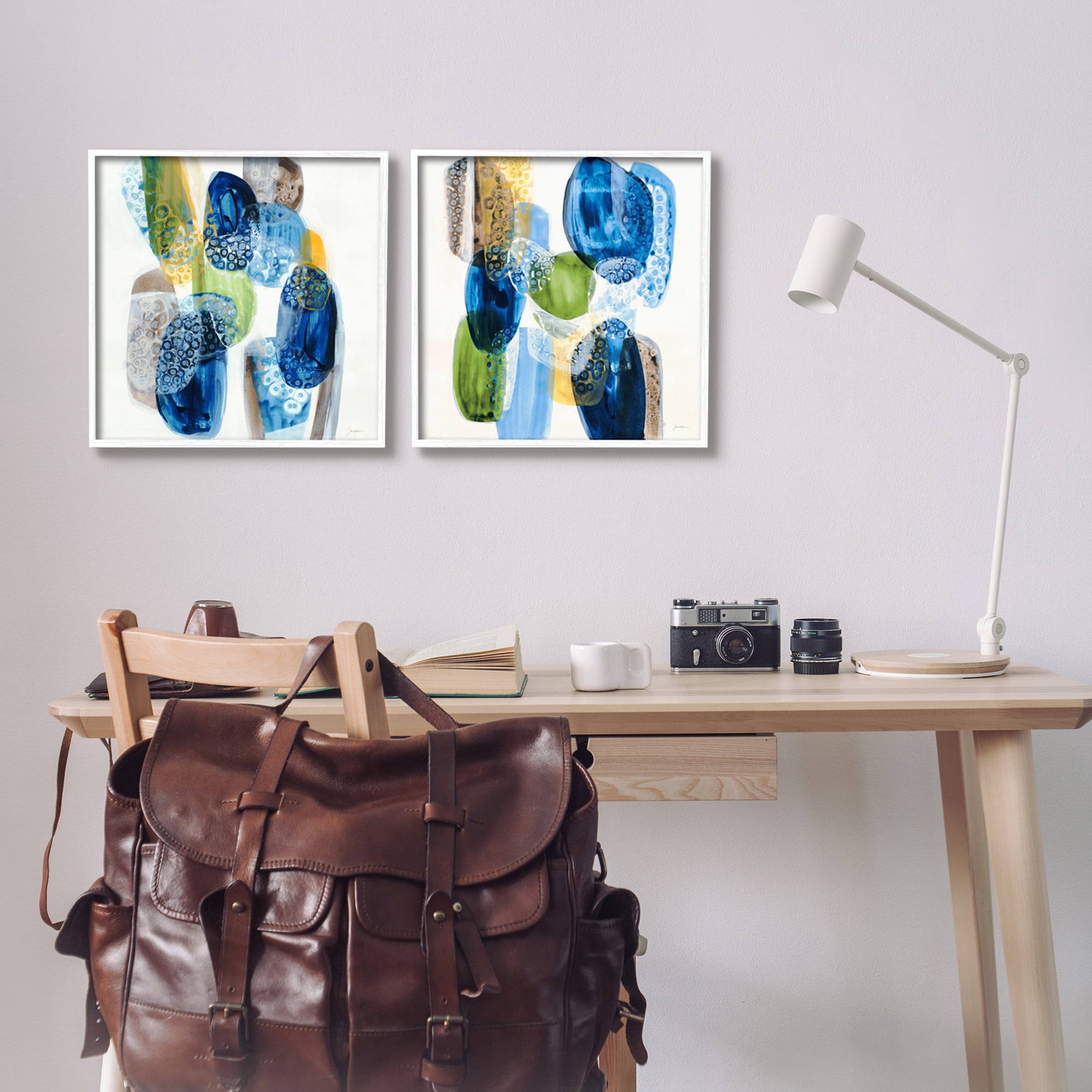 Stupell Industries Abstract Blue Pebbles Abstract Painting White Framed Art Print Wall Art, 17 x 17, Set of 2