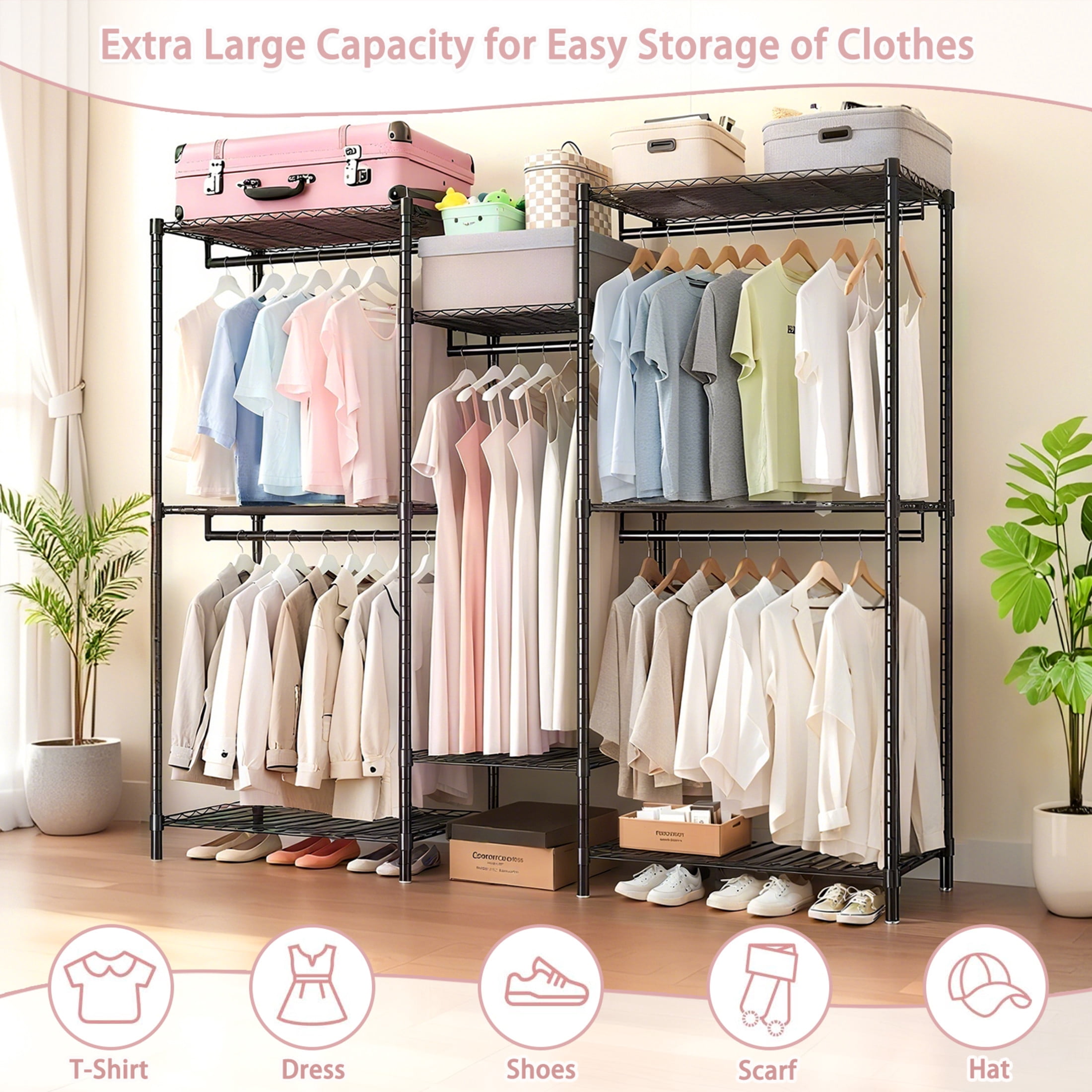 Noble House 74" Heavy-Duty Garment Clothes Rack, Adjustable Wire Shelves and Rail Freestanding Closet Organizer, Black