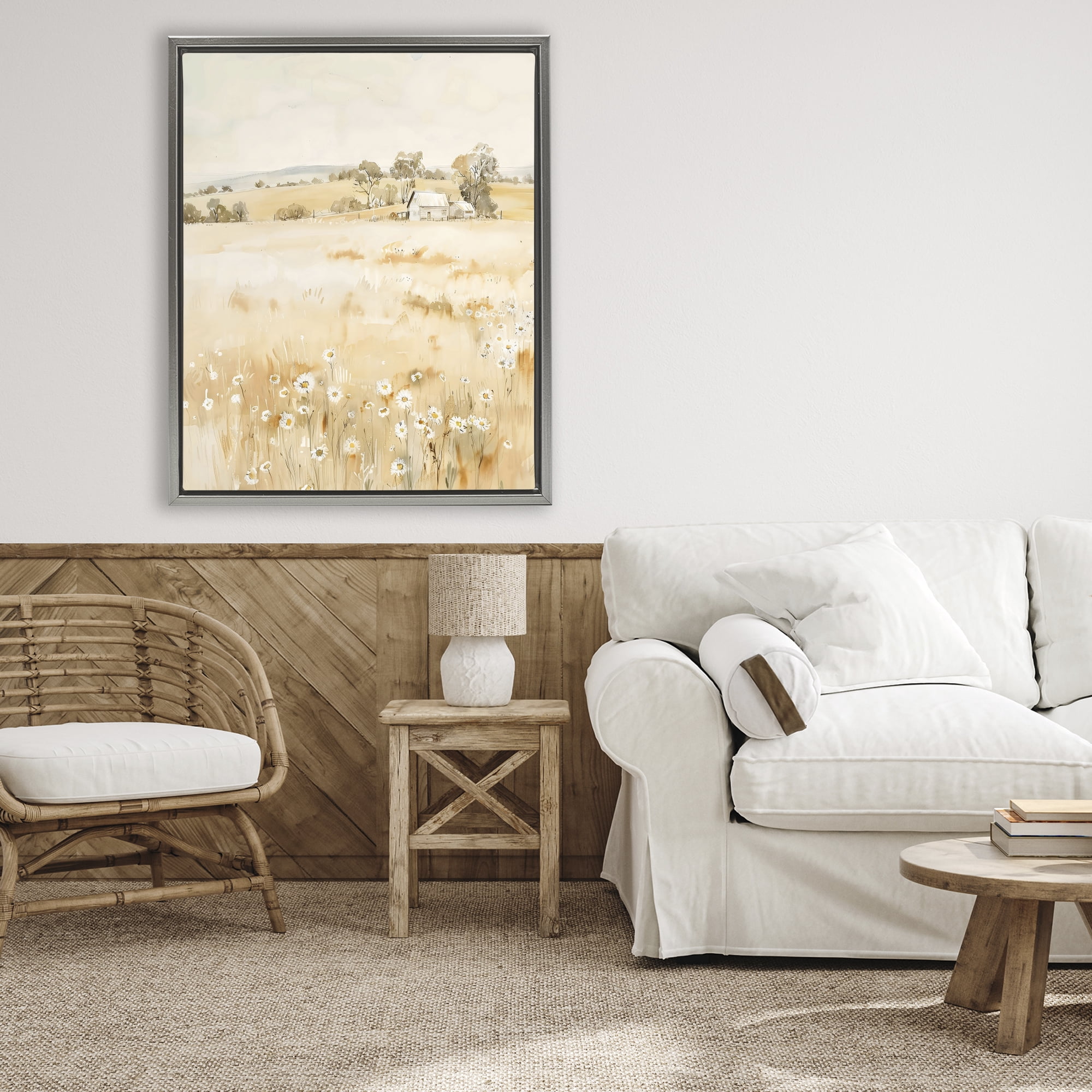 Stupell Industries Farm Country Meadow with Daisies Gray Framed Floater Canvas Wall Art, design by Creative Studio