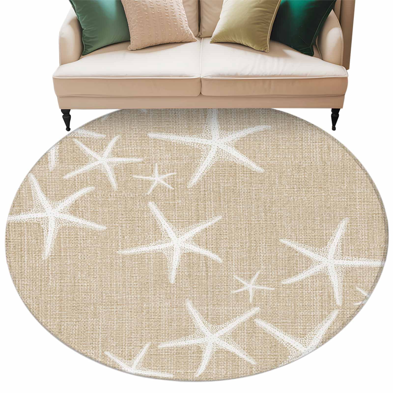 Round Area Rugs Collection 8 Ft, Coastal Starfish Non-Slip Residential Carpet, Summer Ocean Waves Ombre Sea Beige Indoor Crawling Mats Runner Rugs for Living Room/Dining Room/Bedroom