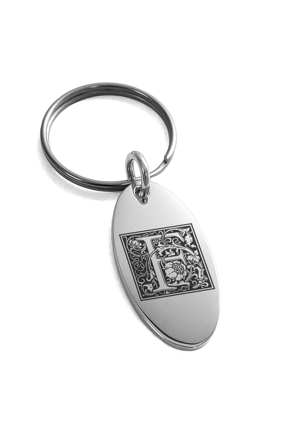 Stainless Steel Letter F Initial Floral Box Monogram Engraved Small Oval Charm Keychain Keyring