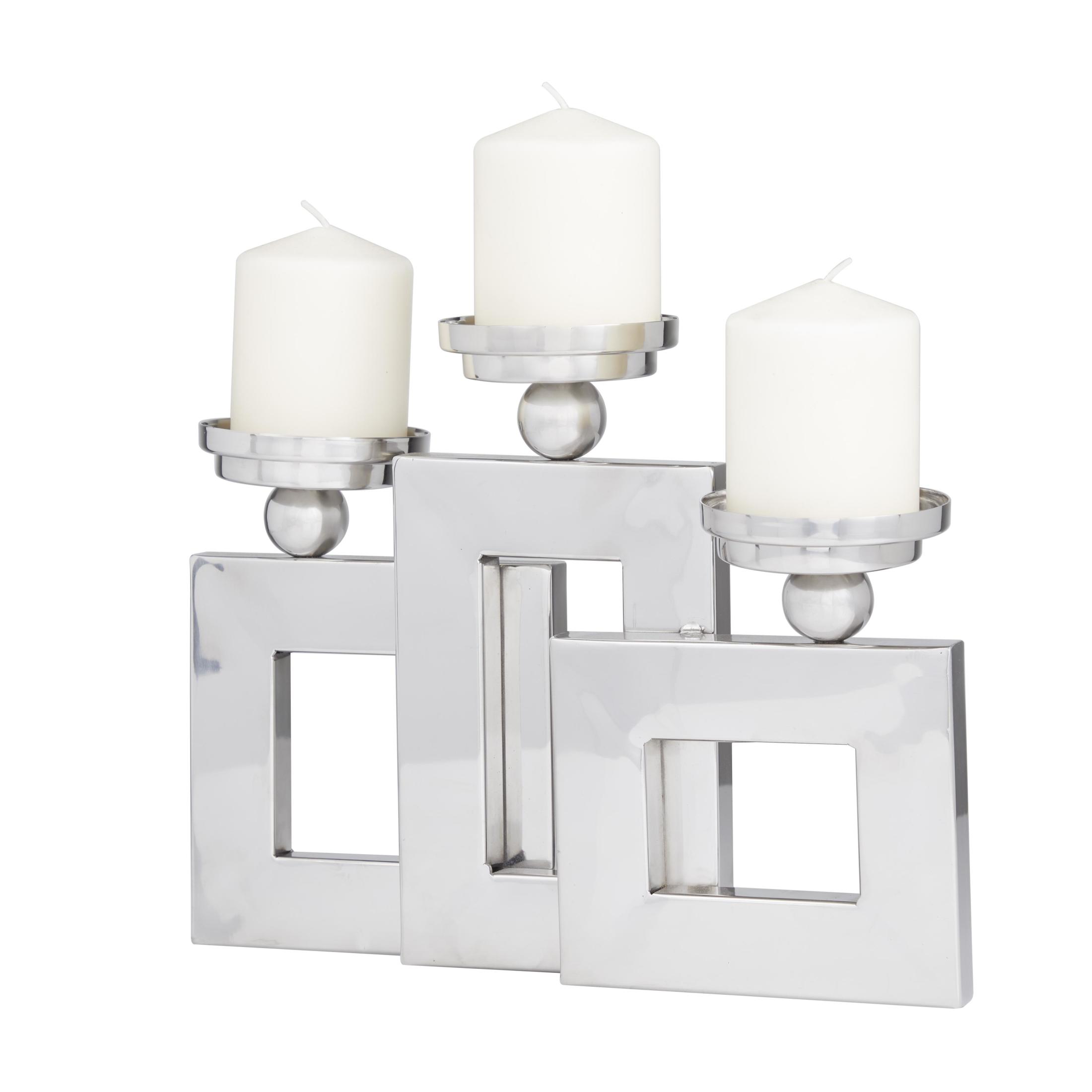 DecMode 3 Candle Silver Stainless Steel Metal Pillar 3 Plate Candle Holder