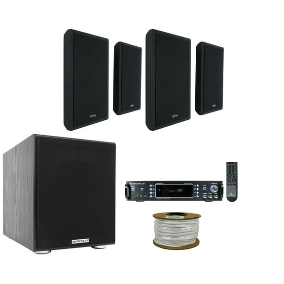 Rockville Receiver (4) RockSlim Black Home Theater Wall Mount Slim Speakers Sub