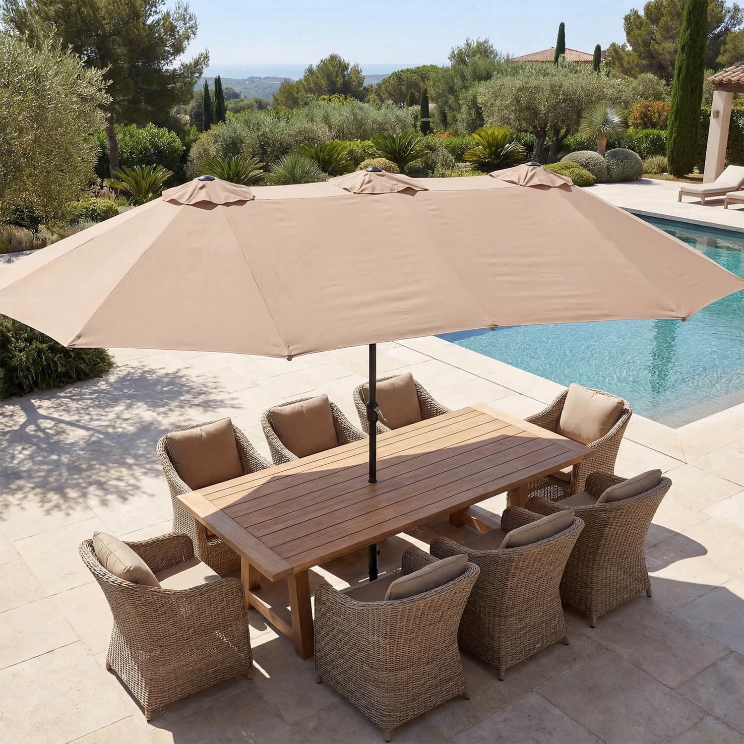 15ft Outdoor Patio Umbrella Extra-Large Double-Sided Garden Umbrella with Crank Handle - Beige