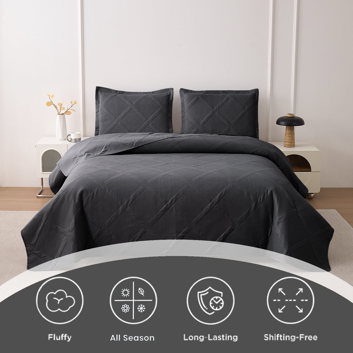 Beartech Quilt Set Twin Size Black Bedspread Coverlet Microfiber Bedding Lightweight Reversible Set
