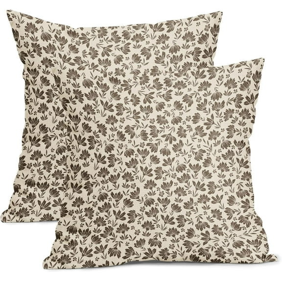Daisy Floral Block Print Pillow Covers 18X18 Inch Brown Beige Flowers Decorative Square Pillow Cases Set of 2 Farmhouse Home Decor Vintage Rustic Cute Throw Pillows for Sofa Couch Outdoor