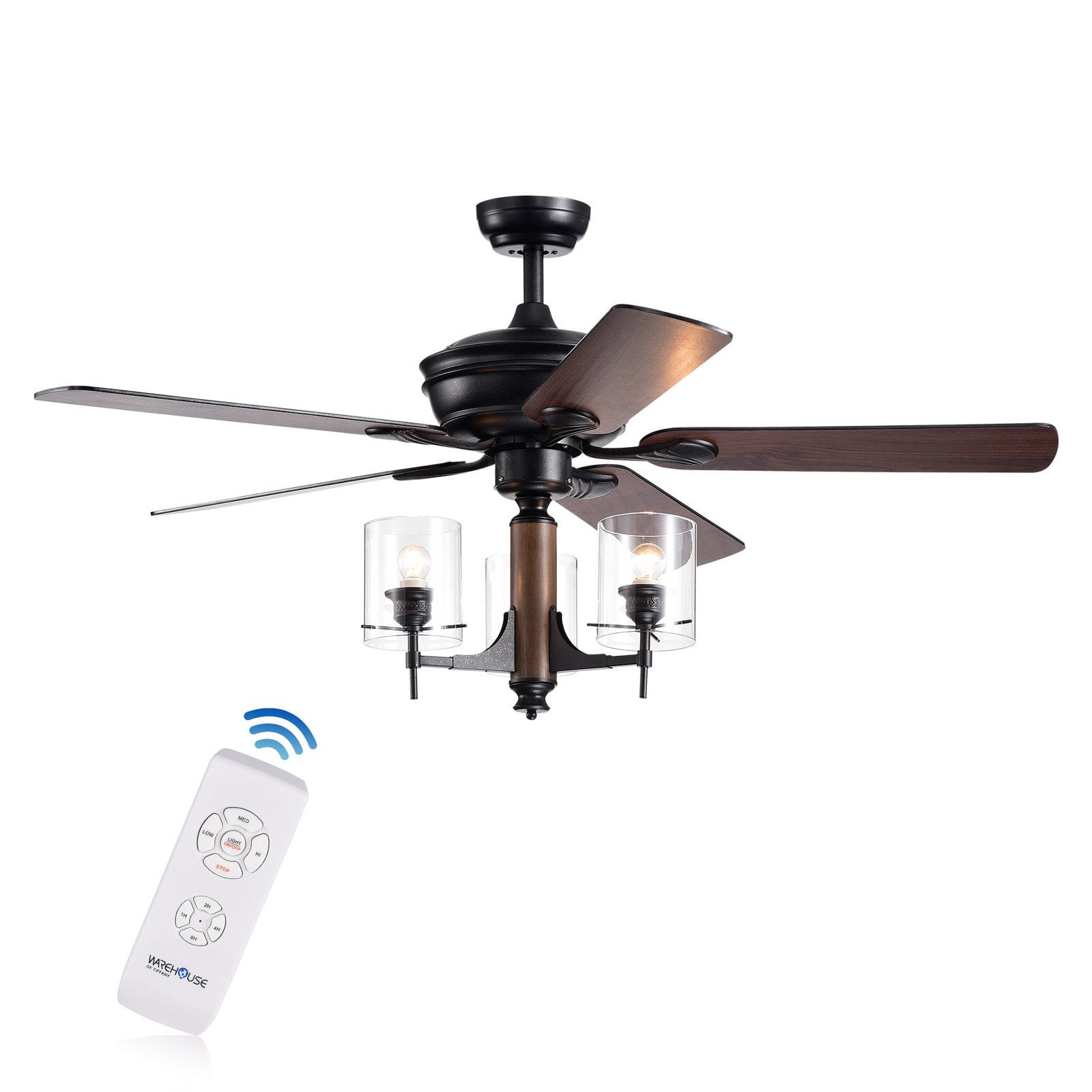 Saranac 5-Blade 52-Inch Forged Black Lighted Ceiling Fans with Clear Pillar Glass Lamps (Remote Controlled) Sansujyuku sansujyuku.com