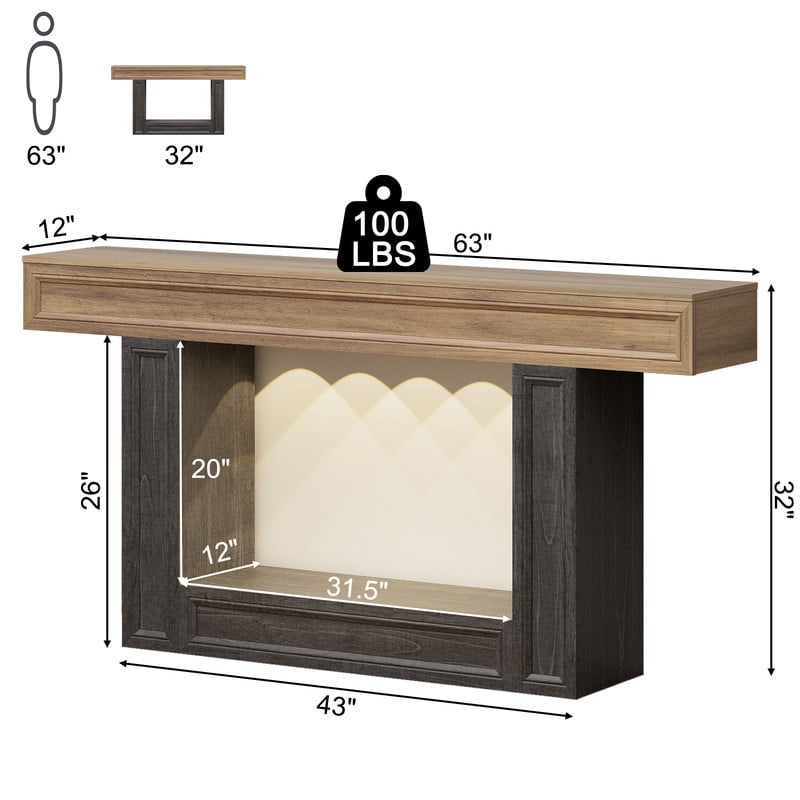 PLAMLE 63 Inch 2-Tier Console Table with Sensor Lights, U-Shaped Base Sofa Table for Entryway, Hallway, Living Room, Foyer, Narrow Small Spaces