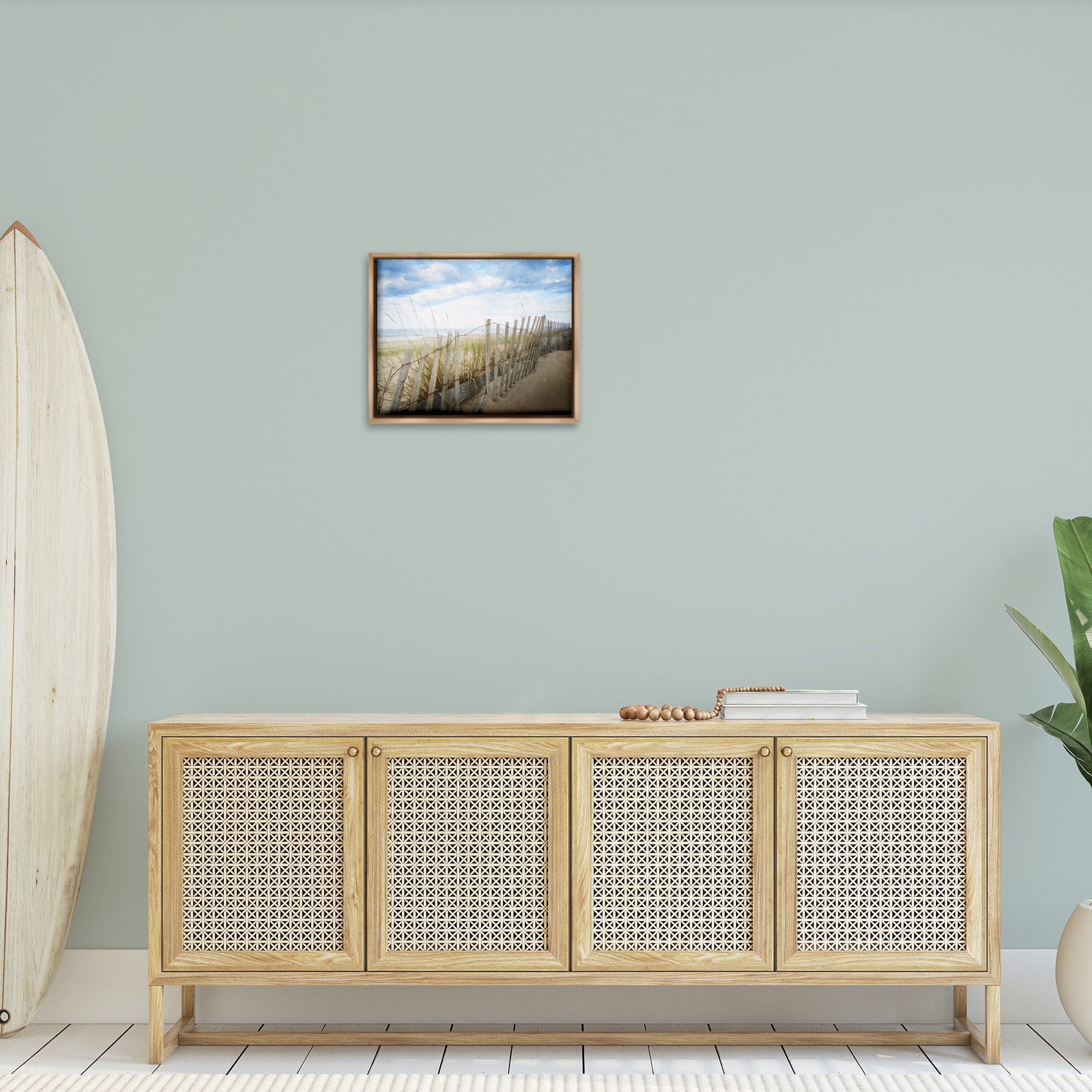 Stupell Industries Summer Beach Fence Landscape Painting Brown Floater Framed Canvas Art Print Wall Art, 21 x 17