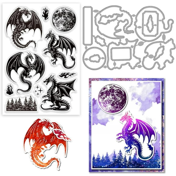 1 Bag 2Pcs Dragon and Moon Clear Stamps and Cutting Dies Silicone Clear Stamps Cards and Metal Die Cuts for Card Making and DIY Embossing Scrapbooking