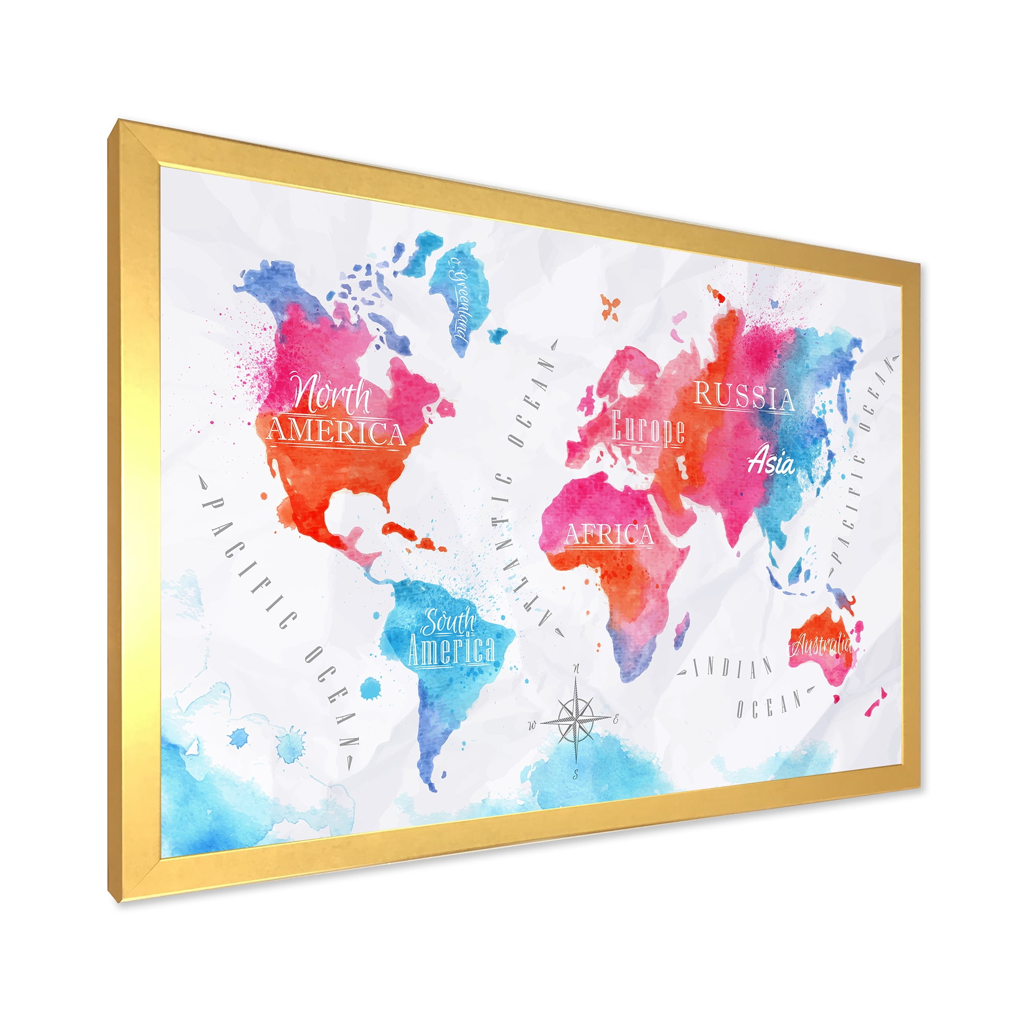 Designart 'World Map In Blue and Pink' Modern Framed Art Print