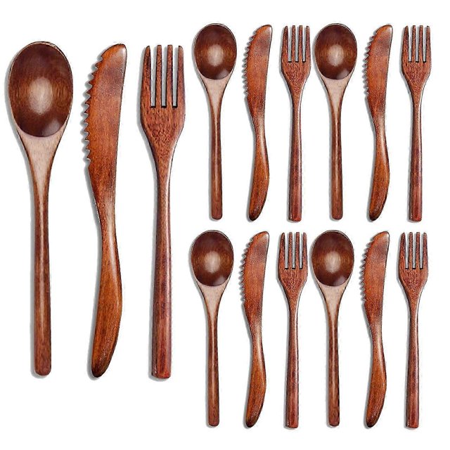 15 Pcs Wooden Spoon Fork Knife Cutlery Set Wooden Dinner Utensil Set Kitchen Wooden Flatware Tablew